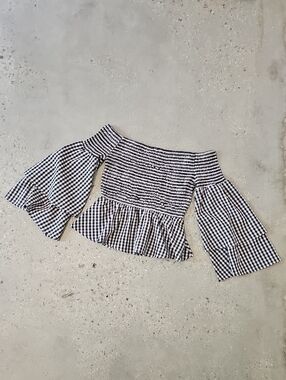 SHEIN Black & White Gingham Off-Shoulder Peplum Top Small